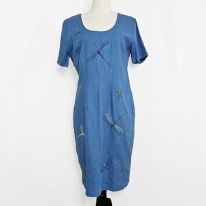 Vintage Positive Influence Size 10 Linen Blend Blue Dragonfly Embroidered Dress